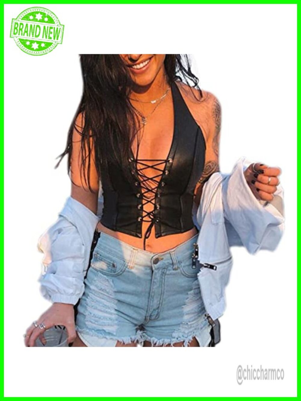 PU Leather Corset Top Adjustable Spaghetti Straps Bustier Rave Club Party